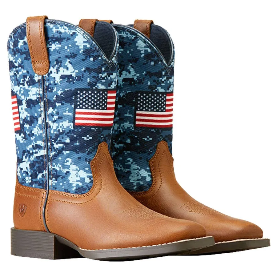 Ariat Boy's Patriot 8" Wide Square Toe Boots - Grand Canyon/Blue Camo