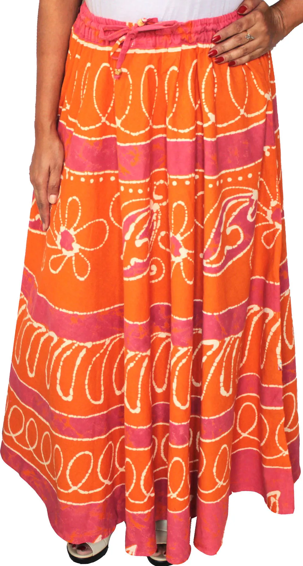 Cotton Batik Printed Womens Long Skirt India Clothing (Orange)