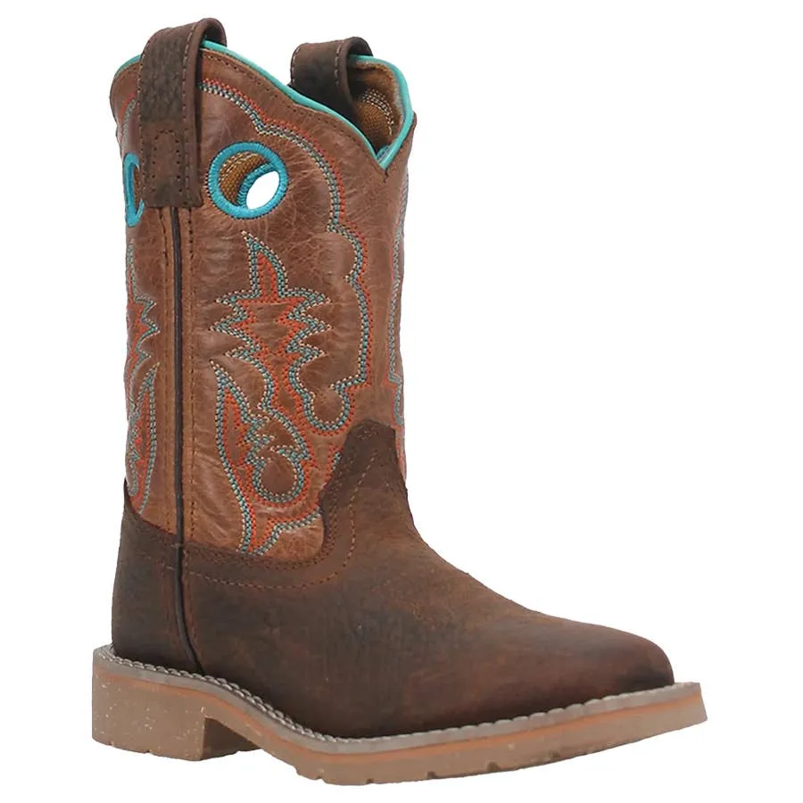 Dan Post Girl's Rye Turquoise Trim Broad Square Toe Leather Boots - Brown