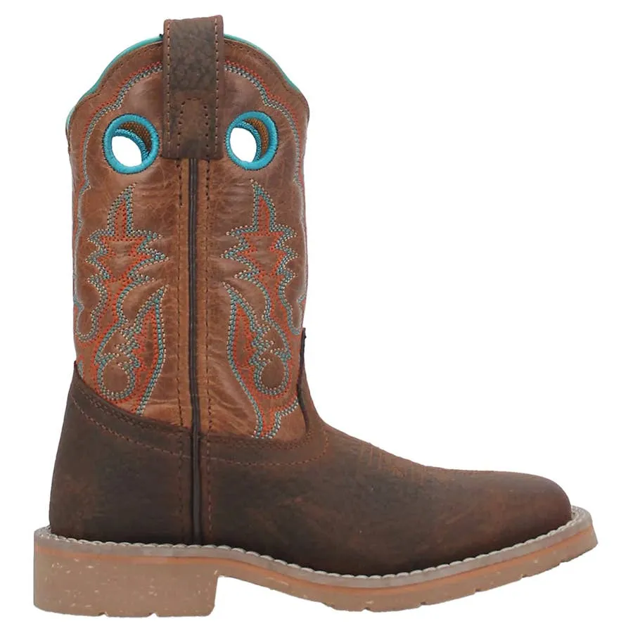 Dan Post Girl's Rye Turquoise Trim Broad Square Toe Leather Boots - Brown