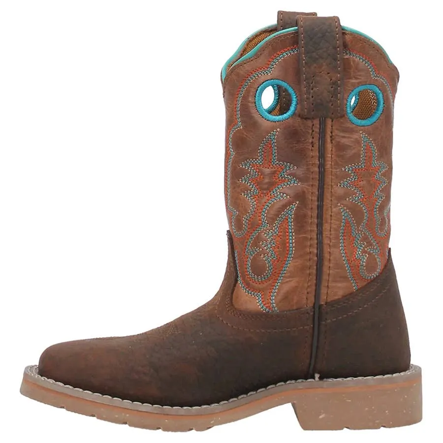 Dan Post Girl's Rye Turquoise Trim Broad Square Toe Leather Boots - Brown