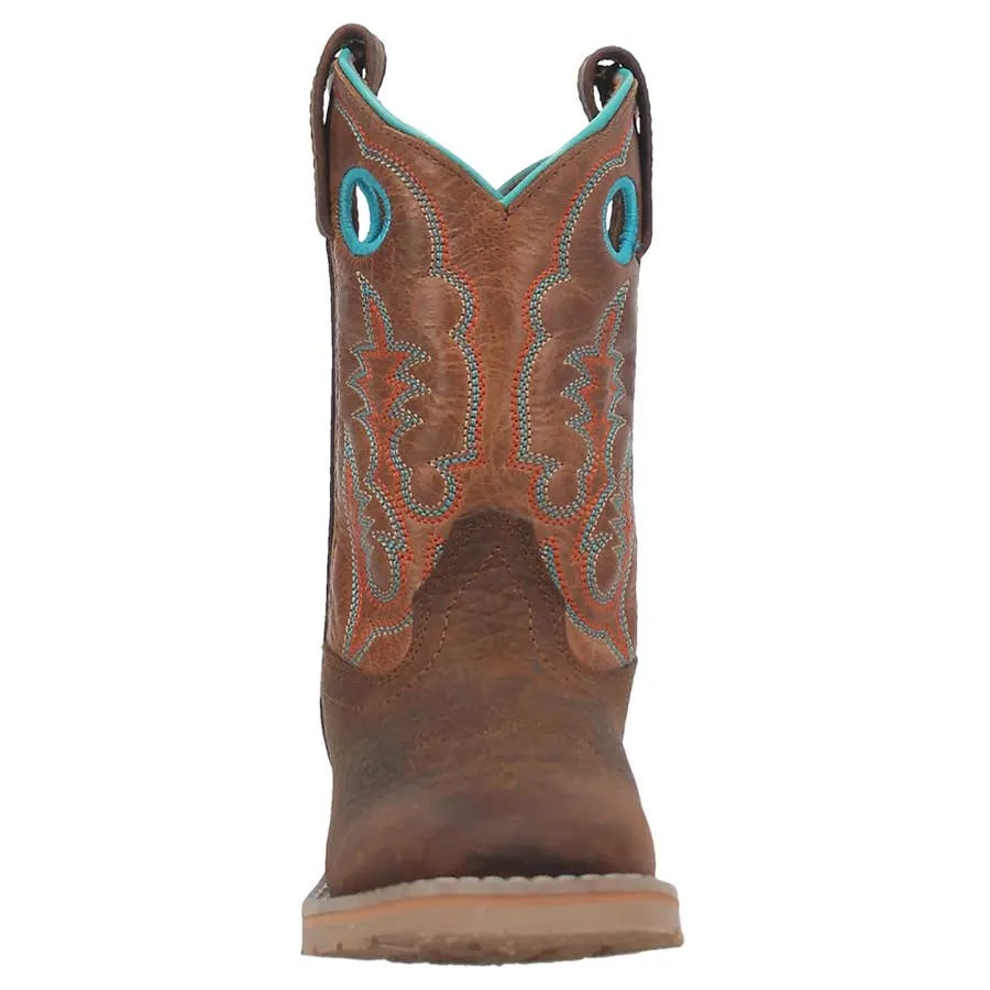 Dan Post Girl's Rye Turquoise Trim Broad Square Toe Leather Boots - Brown