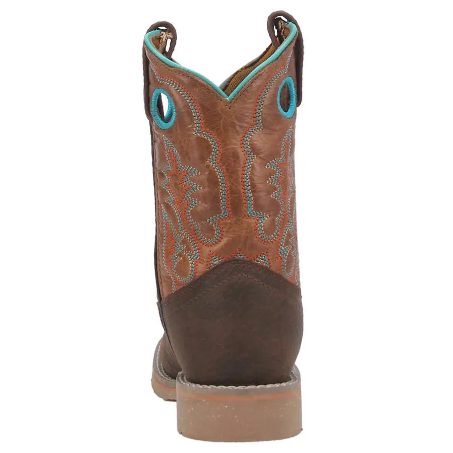 Dan Post Girl's Rye Turquoise Trim Broad Square Toe Leather Boots - Brown