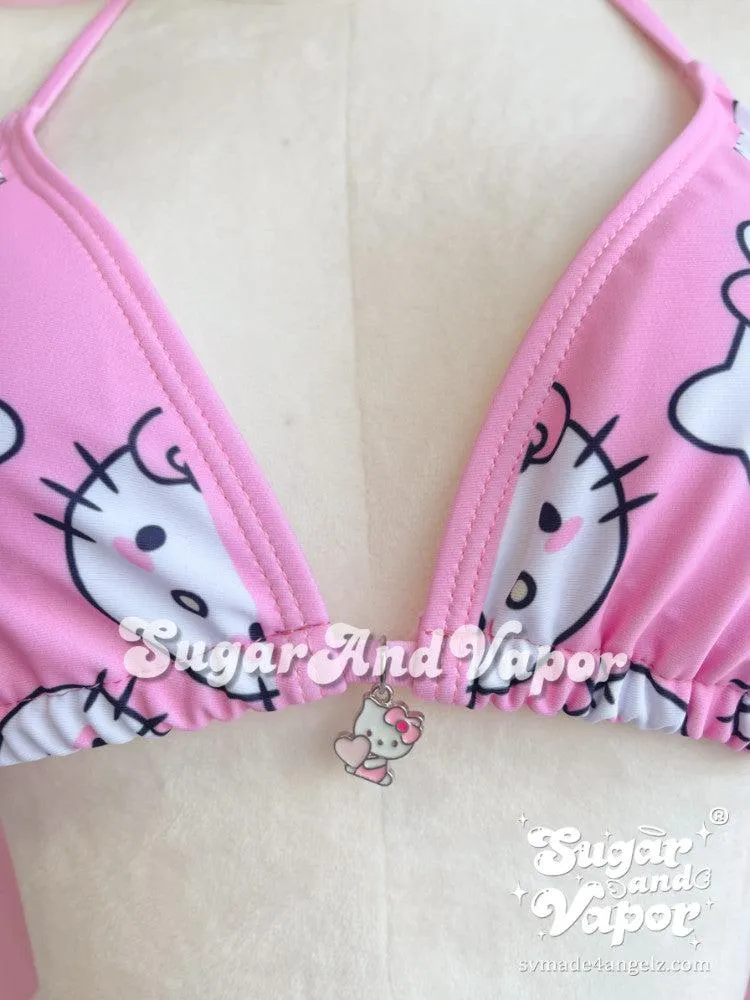 Kawaii Kitten Face Pink Bikini Set