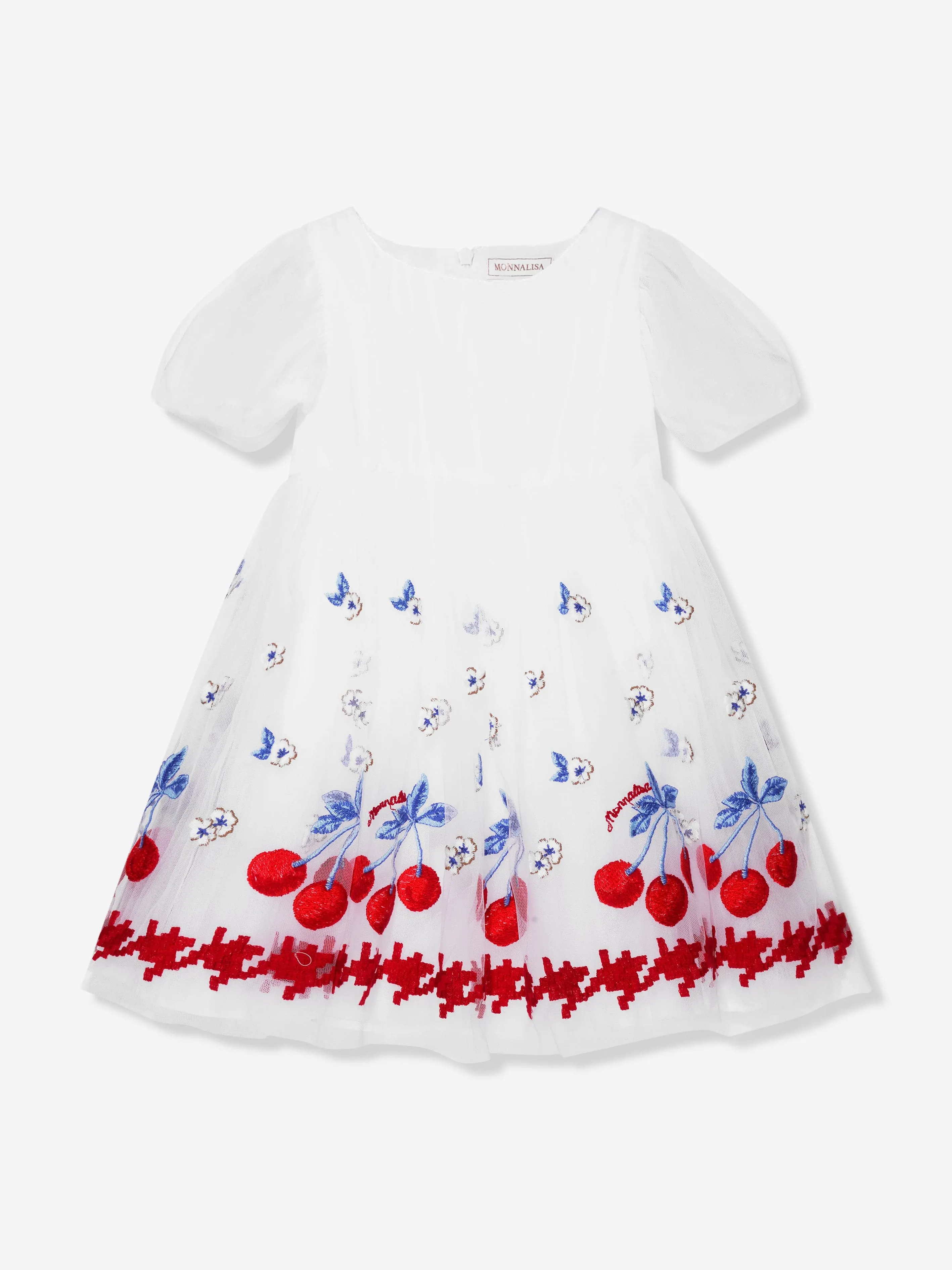 Monnalisa - Girls Embroidered Cherry Tulle Dress In White | Childsplay Clothing