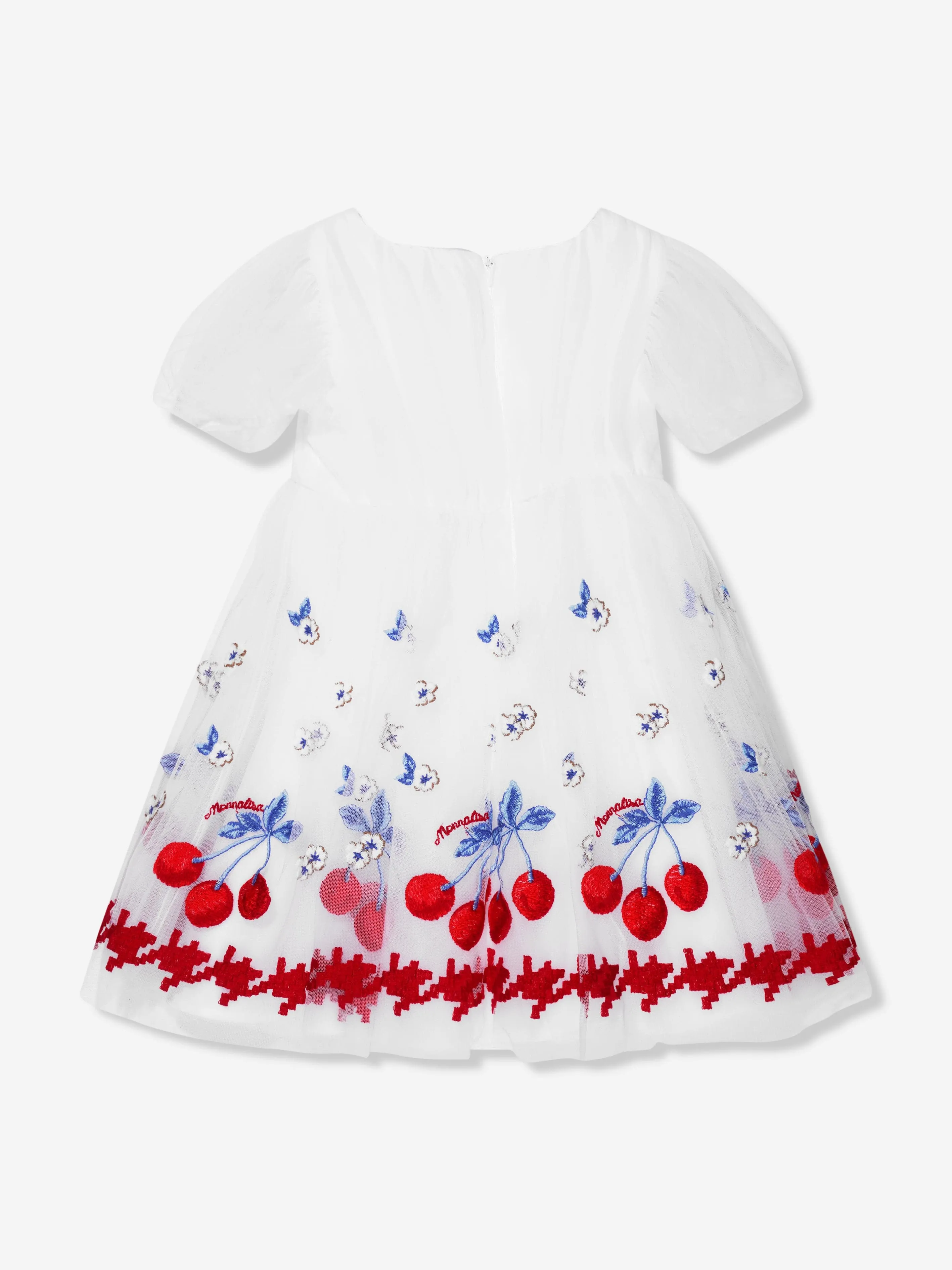 Monnalisa - Girls Embroidered Cherry Tulle Dress In White | Childsplay Clothing