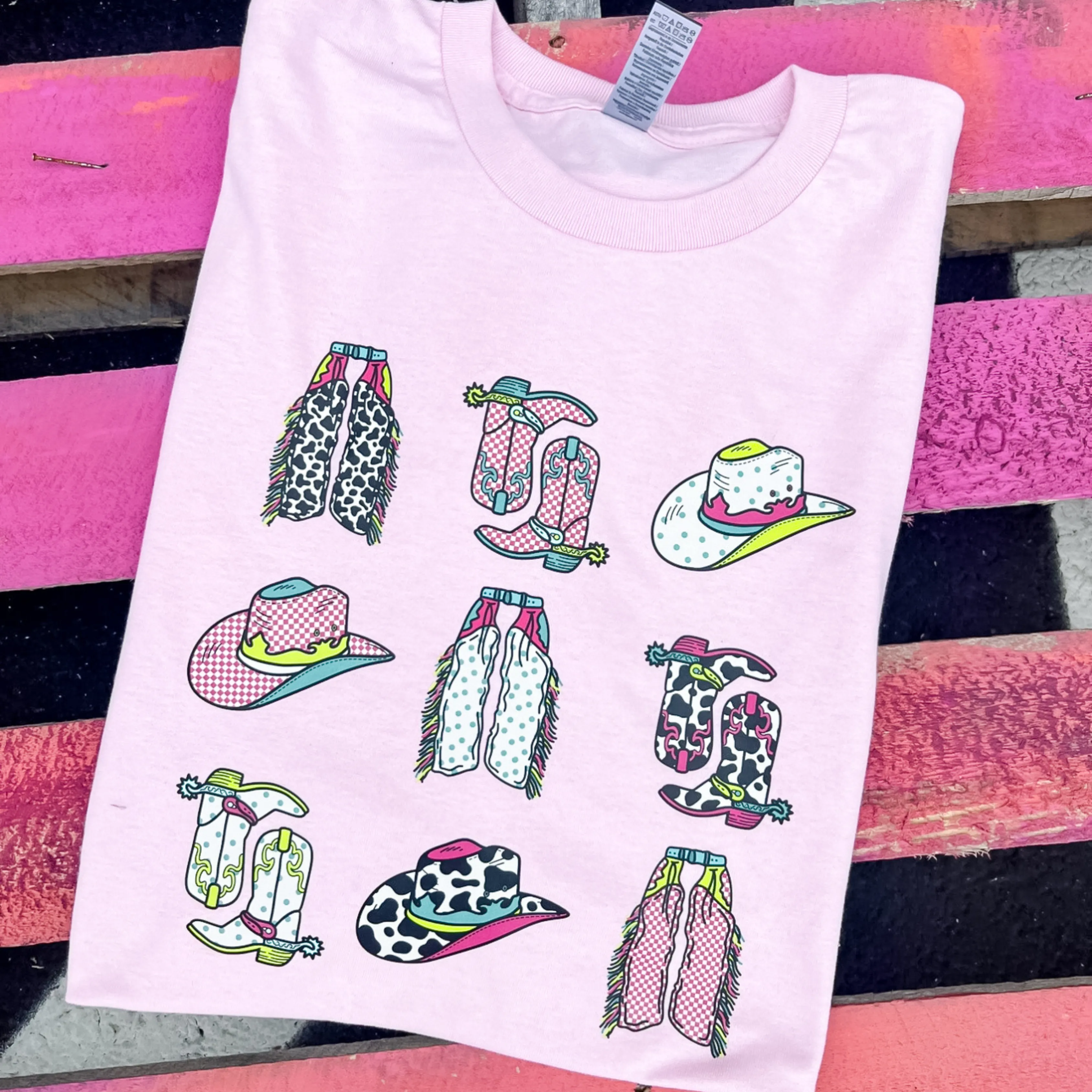 Online Exclusive | Boots, Chaps, Cowboy Hats Short Sleeve Graphic Tee in Baby Pink