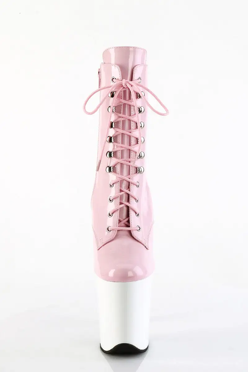 Pleaser USA Flamingo-1020 8inch Pleaser Boots - Patent Baby Pink/White