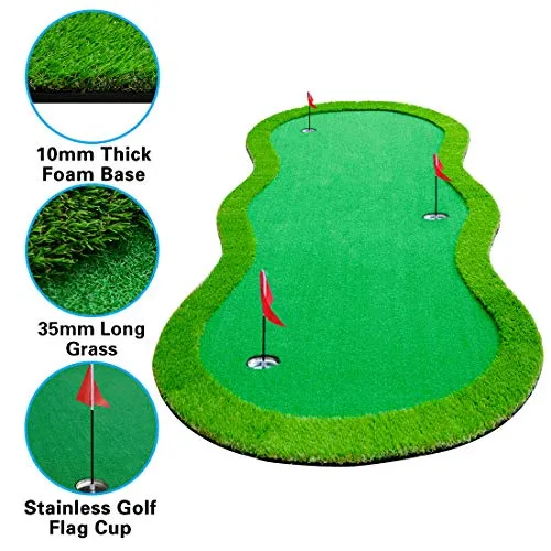 Premium S-Shape Golf Putting Greens - 4x10 Foot with 3 Holes & Flags