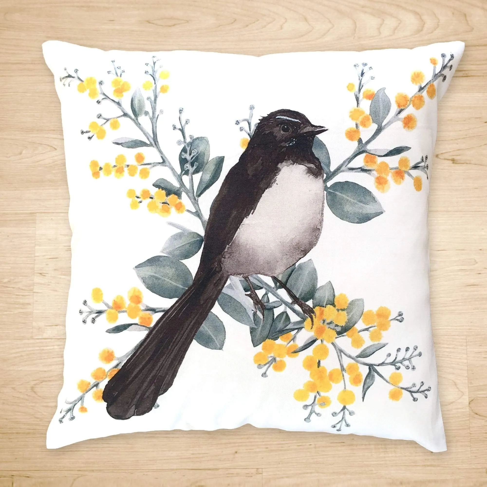 Willie Wagtail and Wattles Cushion Cover single bird Cotton Drill