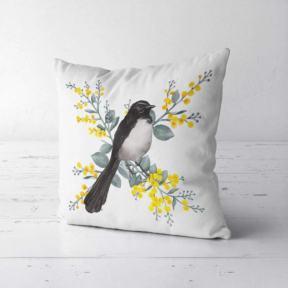 Willie Wagtail and Wattles Cushion Cover single bird Cotton Drill