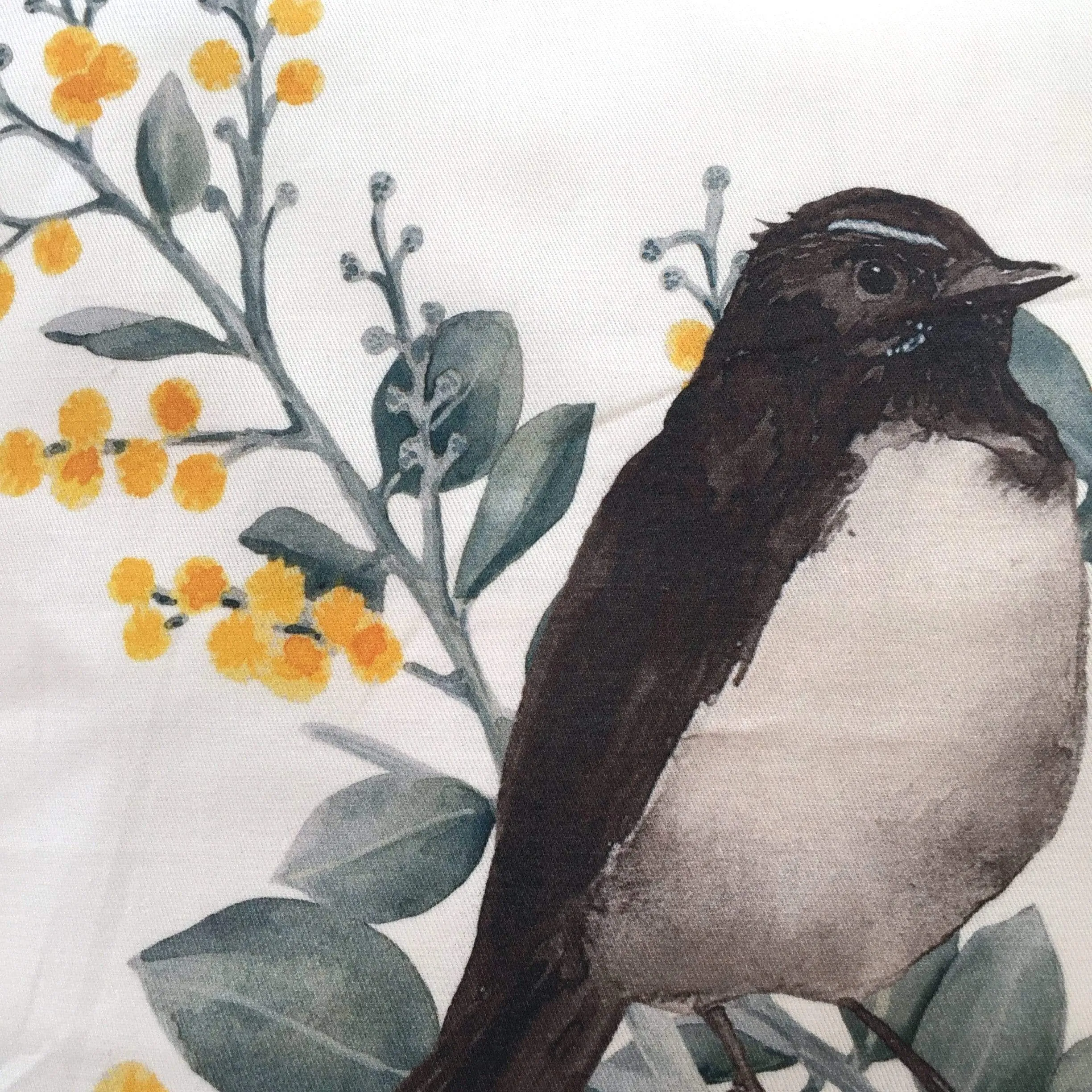 Willie Wagtail and Wattles Cushion Cover single bird Cotton Drill